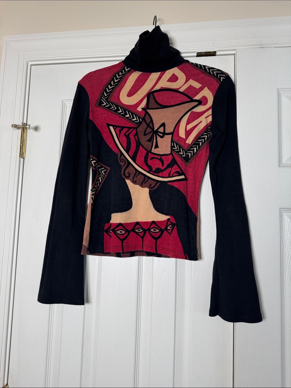 Noun Paris Vintage Abstract Graphic Print Turtleneck Top Bell Sleeve L